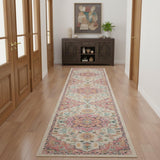 12' Ivory Pink And Red Floral Runner Rug