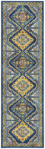 8' Blue And Yellow Oriental Runner Rug
