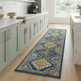 8' Blue And Yellow Oriental Runner Rug