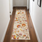 8' Cream Orange And Red Floral Runner Rug