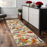 8' Orange Cream And Green Floral Runner Rug