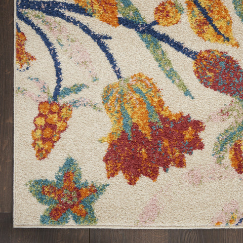 8' Orange Cream And Green Floral Runner Rug