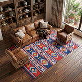 7' X 10' Blue Southwestern Handmade Area Rug With Fringe