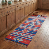 8' Blue And Red Southwestern Handmade Runner Rug With Fringe