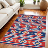 5' X 7' Blue and Red Southwestern Handmade Area Rug With Fringe