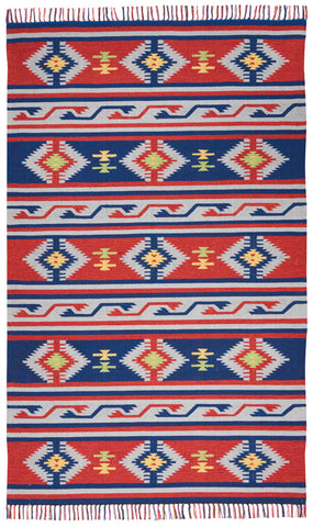 4' X 6' Blue and Red Southwestern Handmade Area Rug With Fringe
