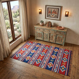 4' X 6' Blue and Red Southwestern Handmade Area Rug With Fringe