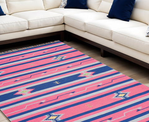 8' X 10' Pink and Blue Southwestern Handmade Area Rug With Fringe