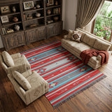 8' X 10' Gray and Red Southwestern Handmade Area Rug With Fringe