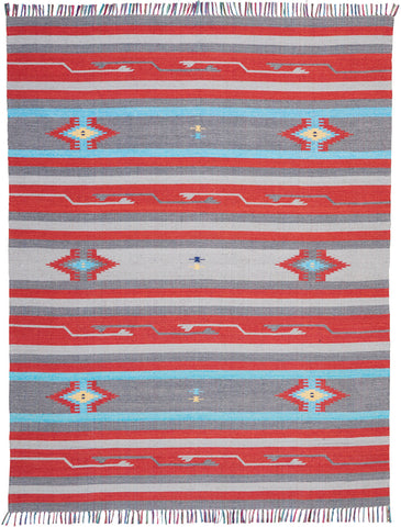 8' X 10' Gray and Red Southwestern Handmade Area Rug With Fringe