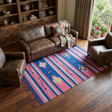 7' X 10' Pink and Blue Southwestern Handmade Area Rug With Fringe