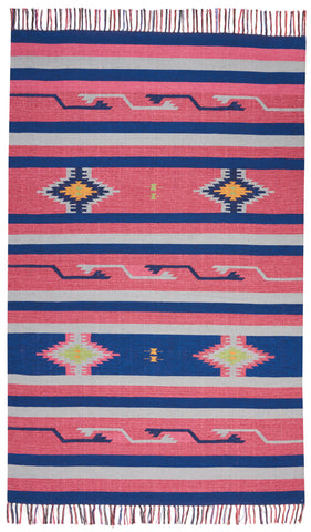 7' X 10' Pink and Blue Southwestern Handmade Area Rug With Fringe