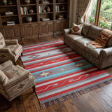 7' X 10' Gray and Red Southwestern Handmade Area Rug With Fringe