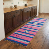 8' Pink And Blue Southwestern Handmade Runner Rug With Fringe