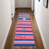 8' Pink And Blue Southwestern Handmade Runner Rug With Fringe