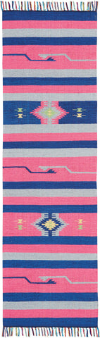 8' Pink And Blue Southwestern Handmade Runner Rug With Fringe