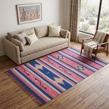 5' X 7' Pink and Blue Southwestern Handmade Area Rug With Fringe
