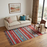 5' X 7' Gray and Red Southwestern Handmade Area Rug With Fringe
