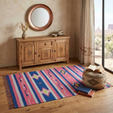 4' X 6' Pink and Blue Southwestern Handmade Area Rug With Fringe