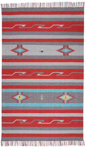 4' X 6' Gray and Red Southwestern Handmade Area Rug With Fringe