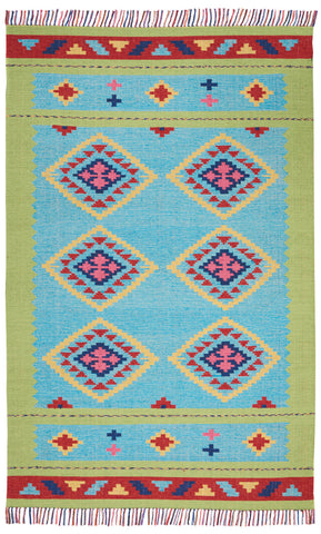 7' X 10' Blue and Green Southwestern Handmade Area Rug With Fringe