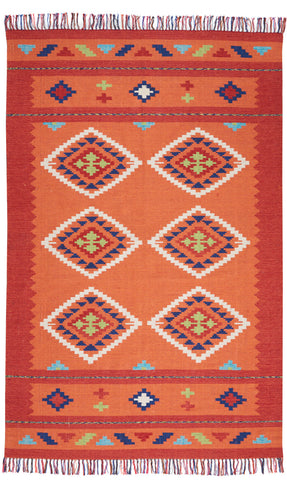 7' X 10' Orange and Red Southwestern Handmade Area Rug With Fringe