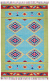 4' X 6' Blue and Green Southwestern Handmade Area Rug With Fringe