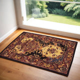 3' X 4' Tan Black and Red Wool Floral Area Rug