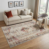 5' X 8' Ivory Red And Orange Floral Distressed Area Rug
