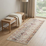 6' Ivory Red And Orange Floral Distressed Runner Rug