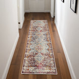 8' Ivory Red And Orange Geometric Distressed Runner Rug
