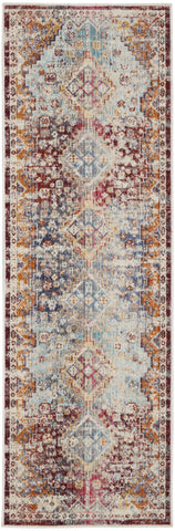 8' Ivory Red And Orange Geometric Distressed Runner Rug