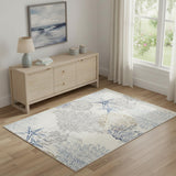 4' X 6' Ivory Blue And Gray Seashell and Coral Non Skid Area Rug
