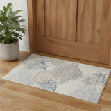 3' X 5' Ivory Blue And Gray Seashell and Coral Non Skid Area Rug