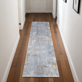 8' Beige Blue and Gray Abstract Runner Rug With Fringe