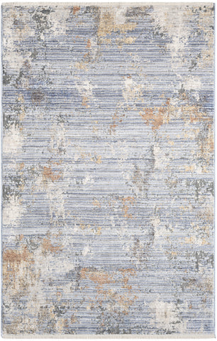 3' X 5' Beige Blue and Gray Abstract Area Rug With Fringe