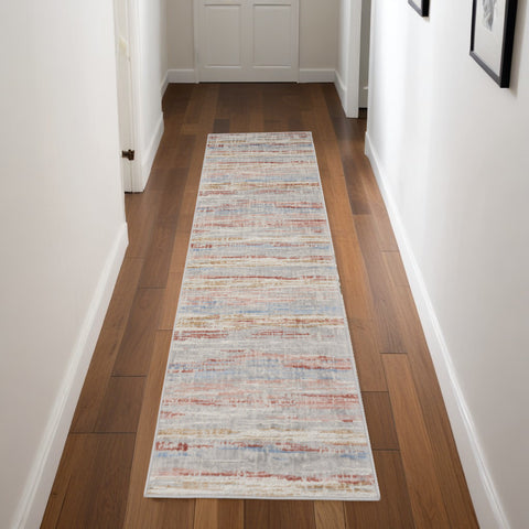 8' Ivory Red and Blue Abstract Non Skid Runner Rug