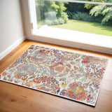 2' X 4' Ivory Gray and Orange Floral Distressed Non Skid Area Rug