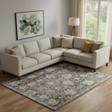 8' X 10' Gray Ivory And Black Floral Distressed Area Rug