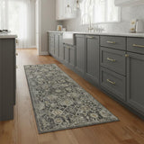 8' Beige And Charcoal Floral Distressed Runner Rug