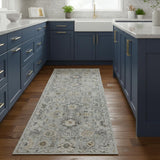 8' Black Mint Green And Ivory Floral Distressed Runner Rug