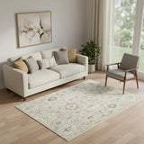 5' X 7' Cream Black And Yellow Floral Distressed Area Rug