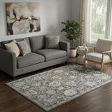 5' X 7' Gray Ivory And Black Floral Distressed Area Rug