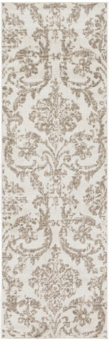 7' Beige and Ivory Damask Distressed Runner Rug