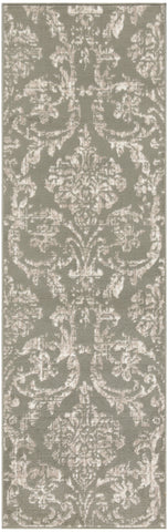 7' Olive Green and Ivory Damask Distressed Runner Rug