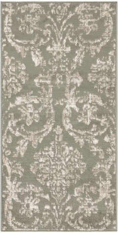 2' X 4' Olive Green and Ivory Damask Distressed Area Rug