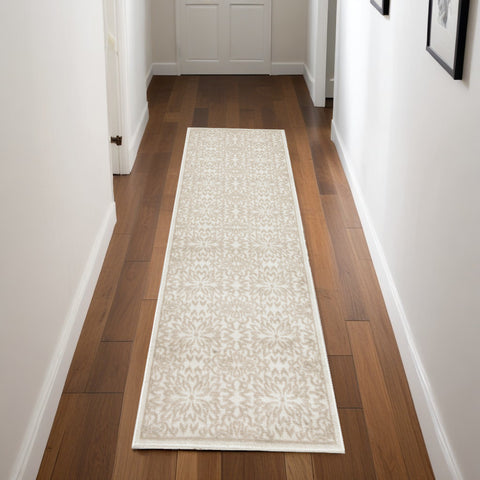 7' Beige and Ivory Floral Runner Rug