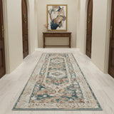 10' Ivory Green And Orange Oriental Non Skid Runner Rug