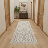 10' Beige Teal Blue And Orange Oriental Non Skid Runner Rug