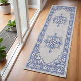 6' Gray and Blue Floral Runner Rug